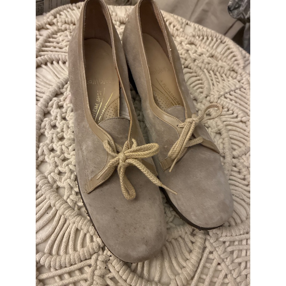 Vintage Ramblers Florsheim Taupe Suede Lace Up Block Heel Pumps Shoes Womens